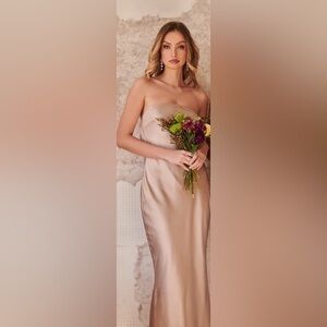 Sugarlips Infinite Strapless Open Back Satin Convertible Maxi Dress Taupe